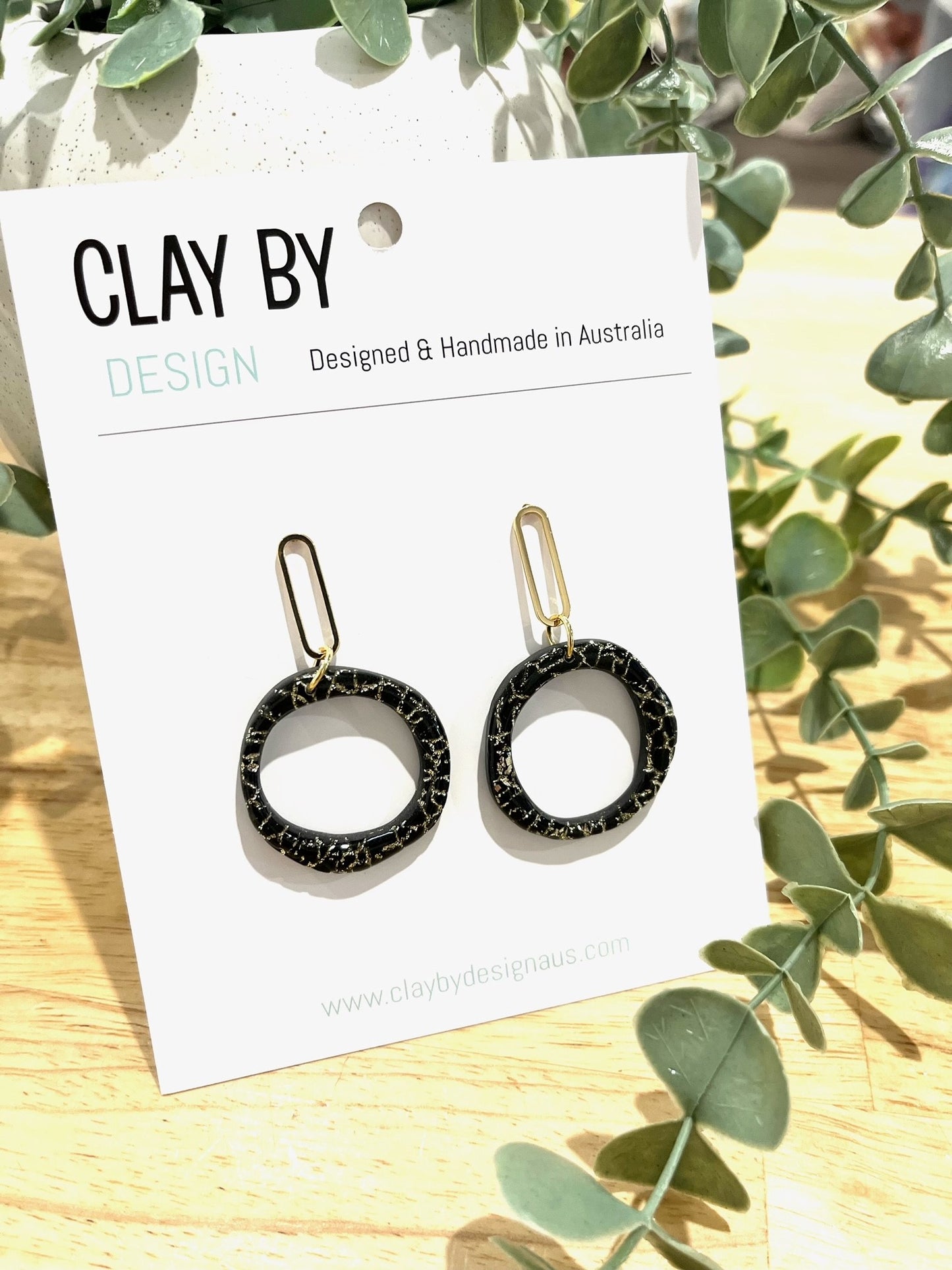 Clay By Design Earrings | Gold Cracked Hoops Black