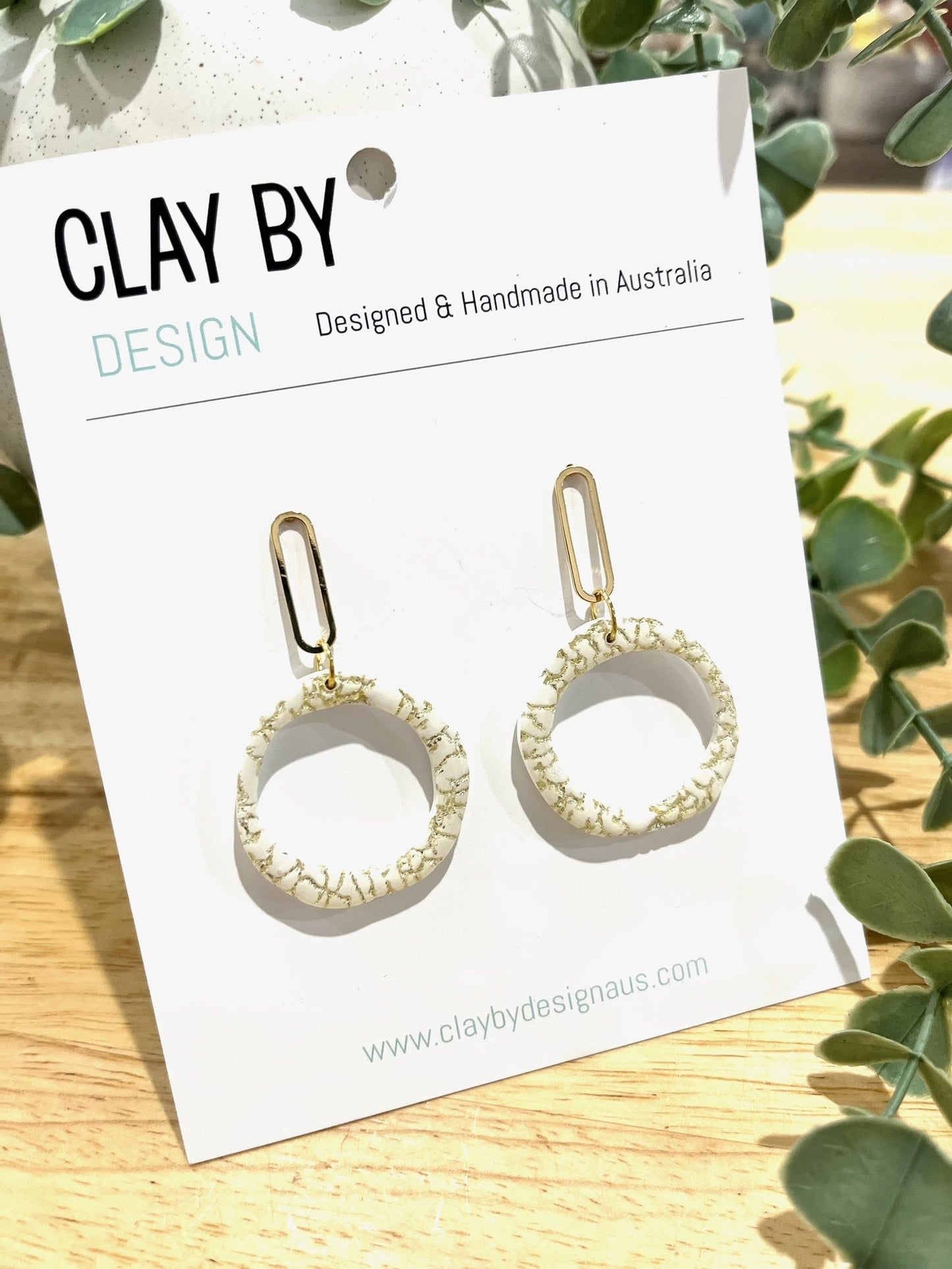Clay By Design Earrings | Gold Cracked Hoops Cream