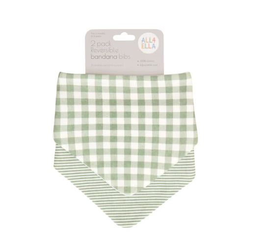 All4Ella Bandana Bib 2pk Reversible  |  Gingham Sage