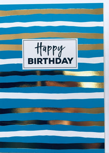 Card Rectangle  |  Happy Birthday Gold Stripes Blue