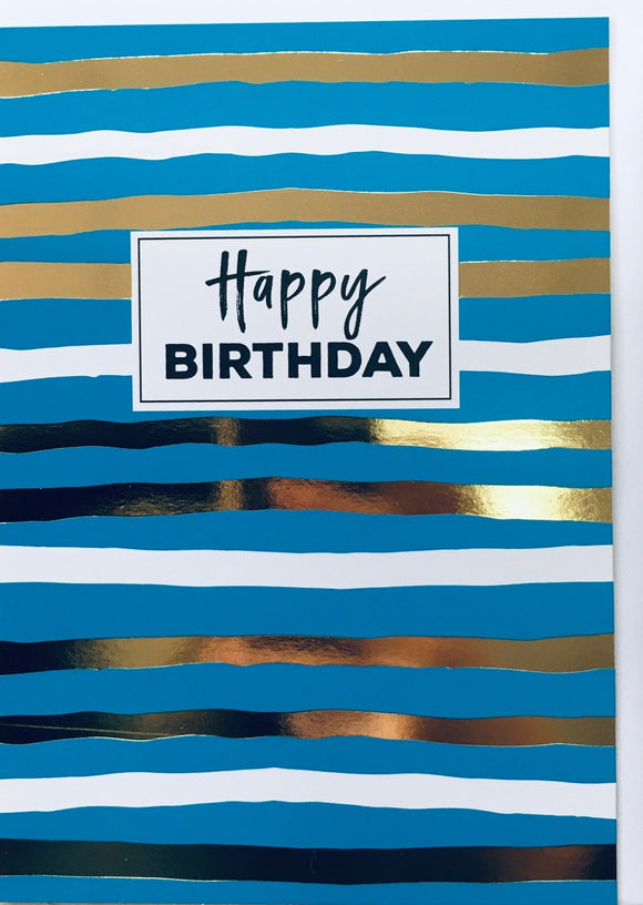Card Rectangle  |  Happy Birthday Gold Stripes Blue